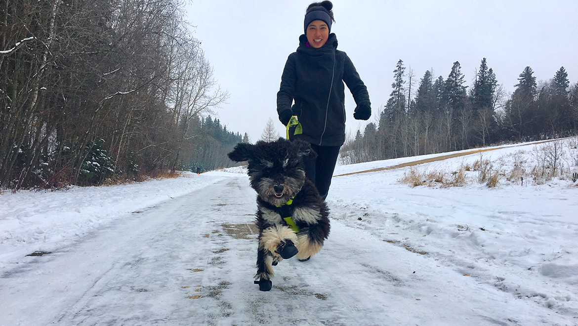 Steph walking Tilly in Edmonton