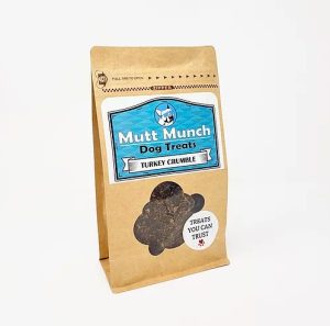 Mutt Munch Dog Treats Turkey Crumble pack, healthy dog snacks for training and rewards, made with natural ingredients, perfect for small and large dogs.